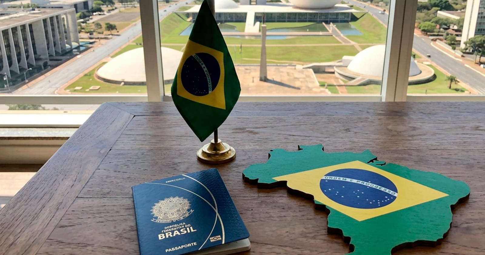 Passaporte brasileiro sobre a bandeira do Brasil — preparação antecipada para uma viagem internacional.