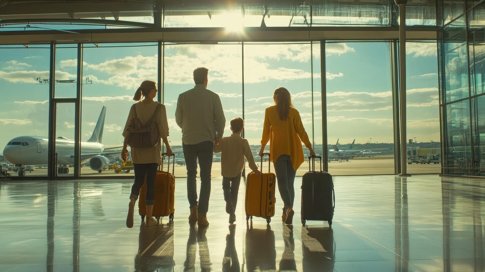 Família de quatro pessoas caminha com malas em direção a uma janela do terminal com aviões estacionados ao fundo.