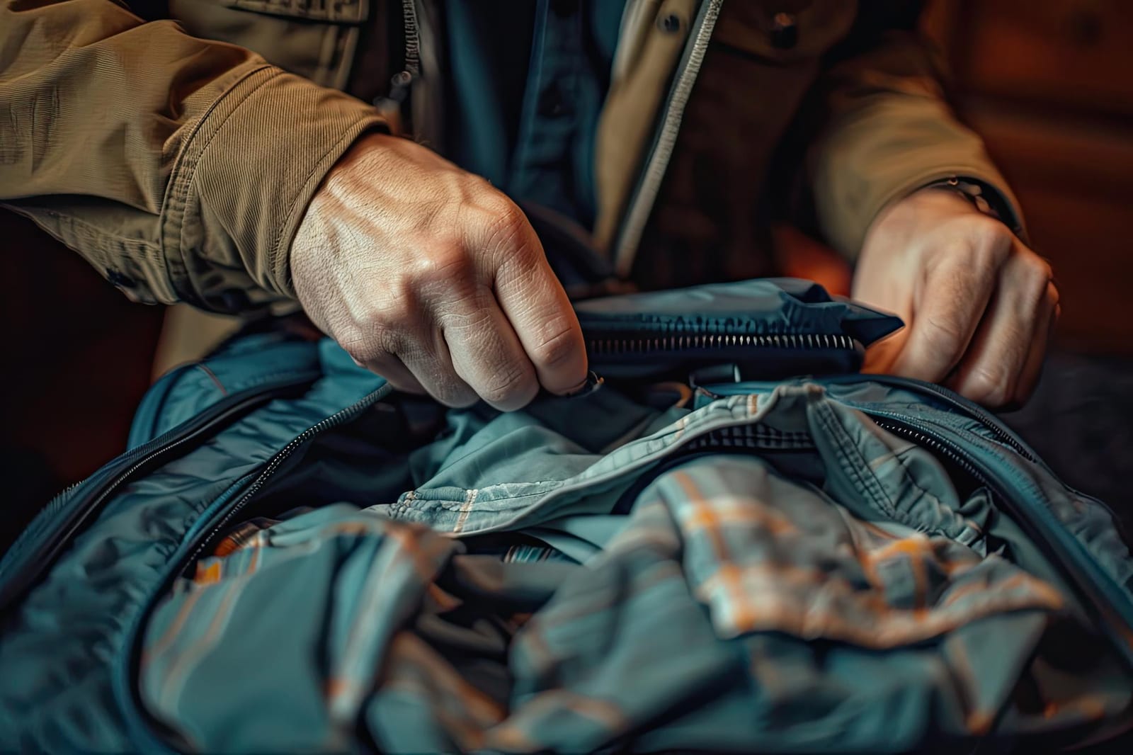 Close das mãos de um homem dobrando roupas dentro de uma bolsa de viagem.
